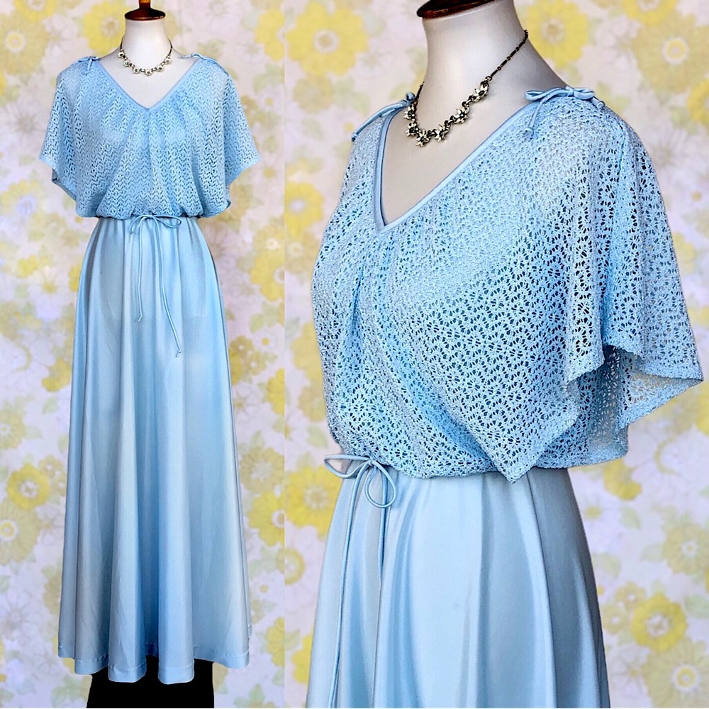 New! True Vintage✨70s Icy Blue Lace Royal Maxi Dress